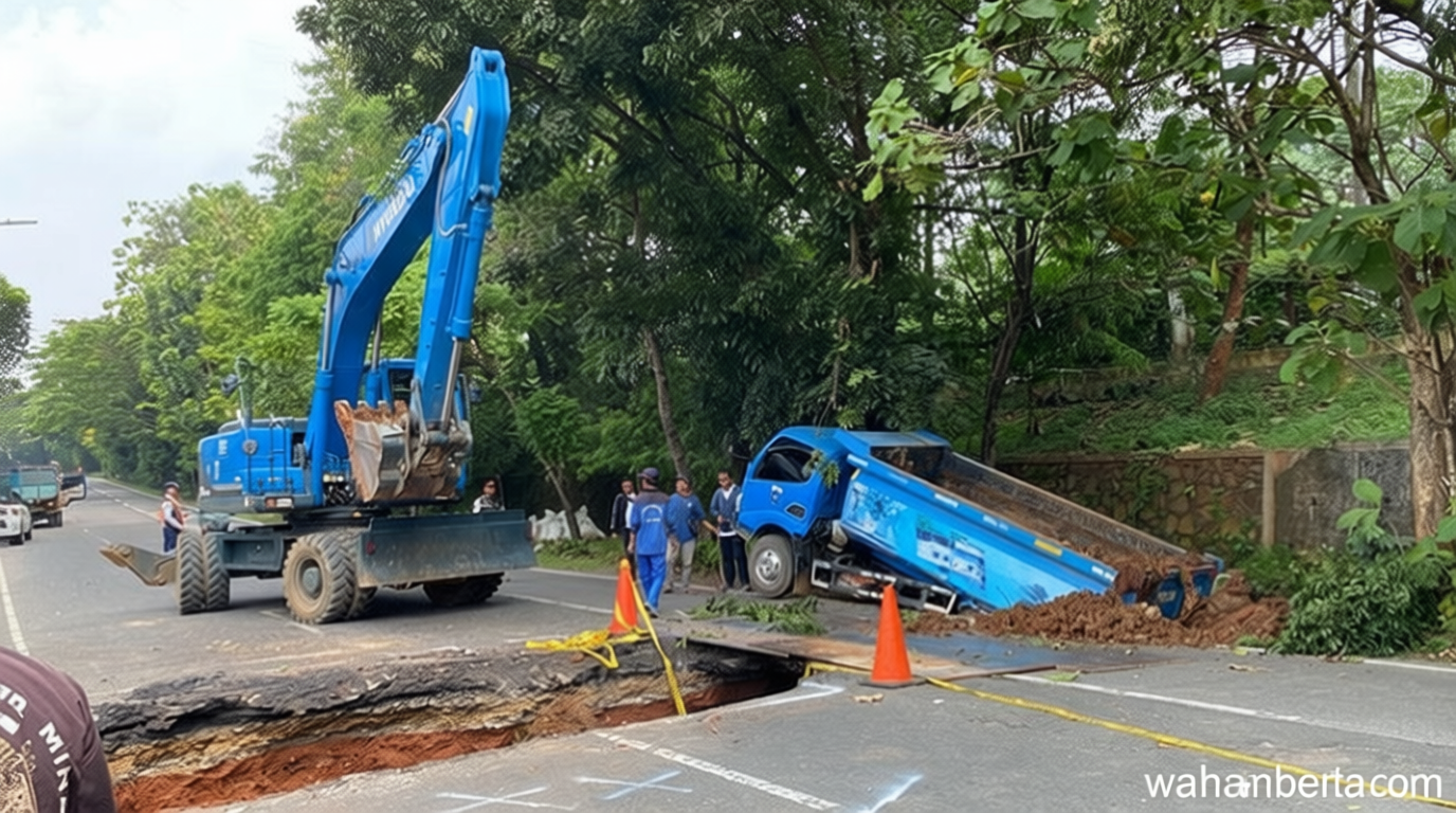Truk SDA yang Angkut Puing Jalan Amblas Terperosok di Lenteng Agung
