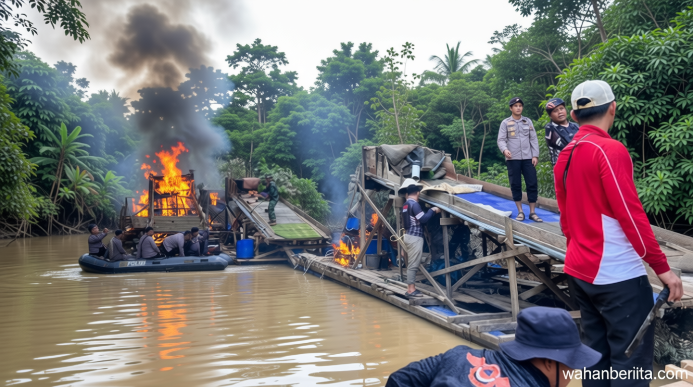 Operasi Besar-besaran di Sungai Kuantan – Polisi-TNI Musnahkan 145 Rakit PETI