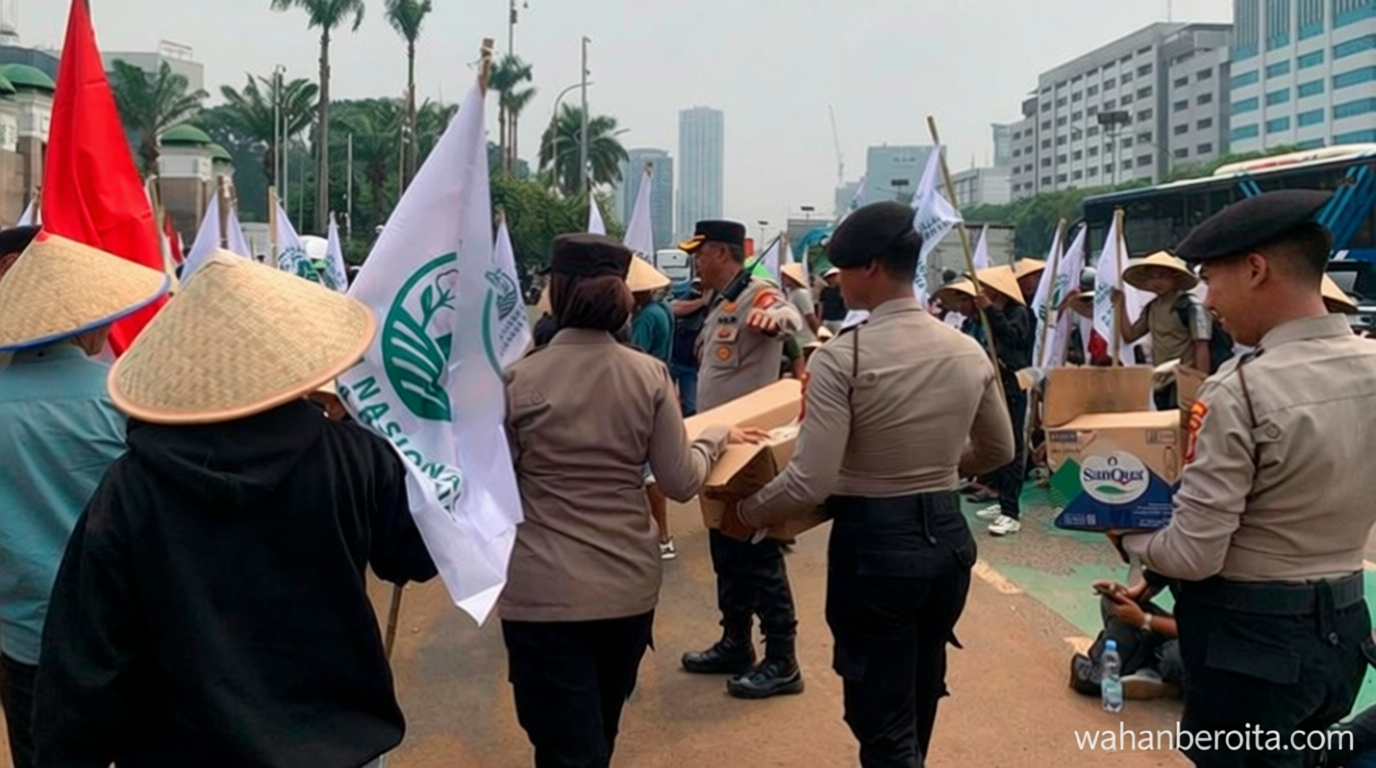 Polisi Bagikan Snack ke Petani Bercaping yang Aksi di DPR